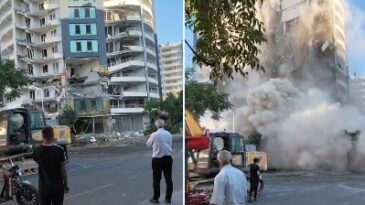 Diyarbakır’da ağır hasarlı bina yıkımda kısmen çöktü