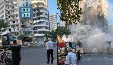 Diyarbakır’da ağır hasarlı bina yıkımda kısmen çöktü